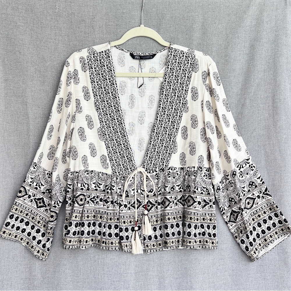 ZARA Linen paisley boho blouse ivory size S - Picture 3 of 17